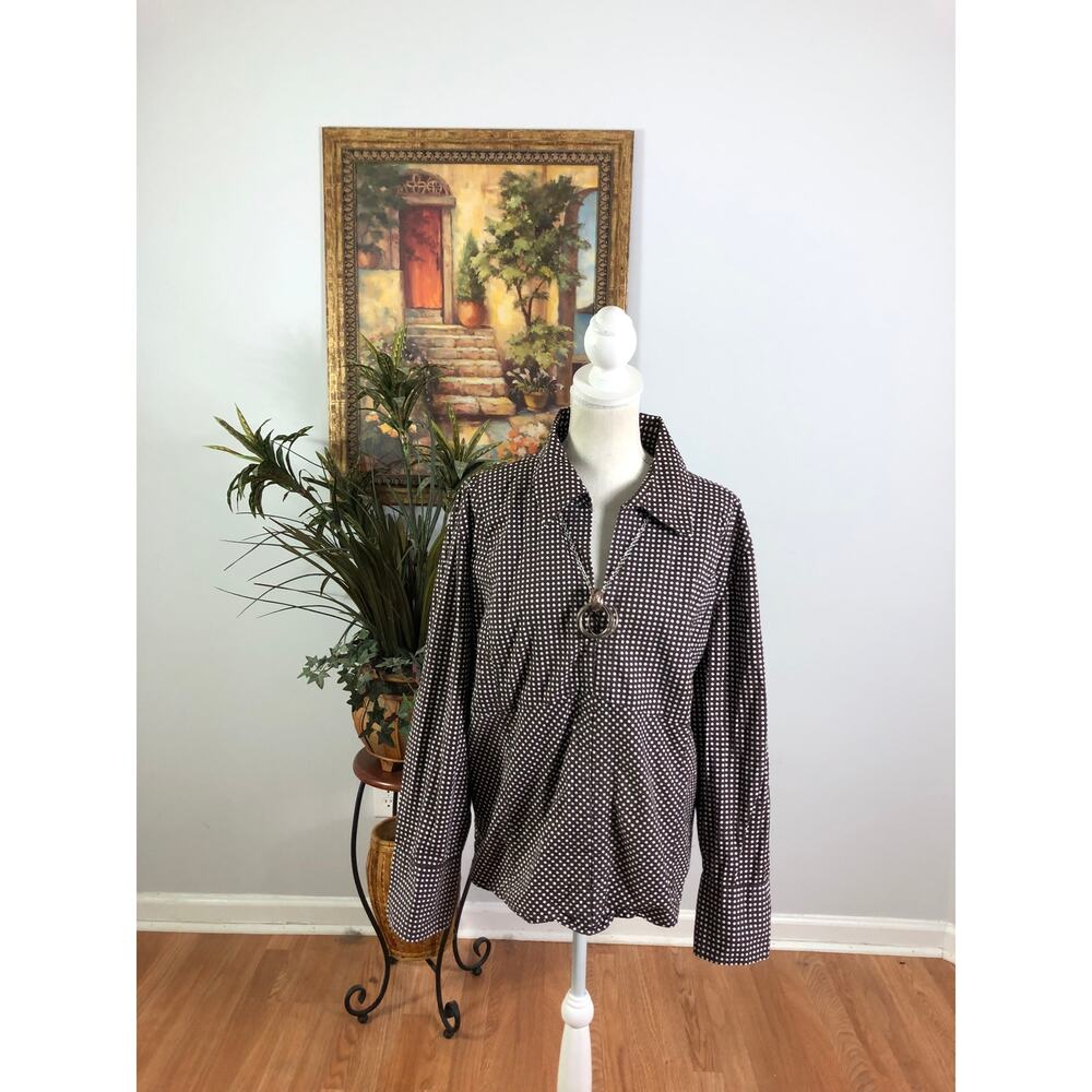 CATO Women’s Top Plus 22/24 Long Sleeve Open Polka Dot Brown & White Long Sleeve